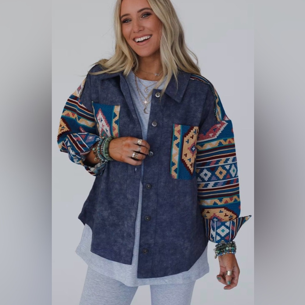 Three Bird Nest Navy & Multicolor Aztec Bomber Jacket size M